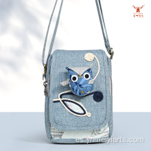 Bolso Bandolera De Lino Y Algodón Con Solapa Y Diseño De Búho Patchwork
